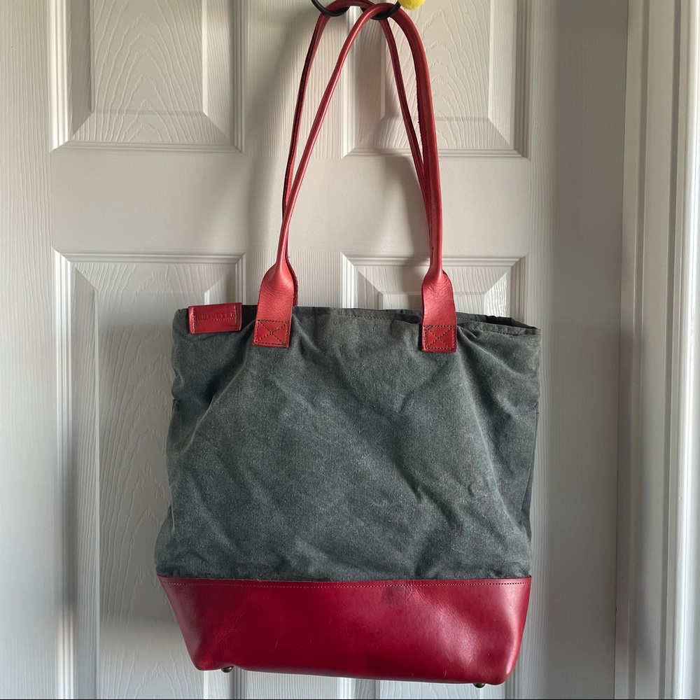 R Riveter - grey canvas with red leather handbag